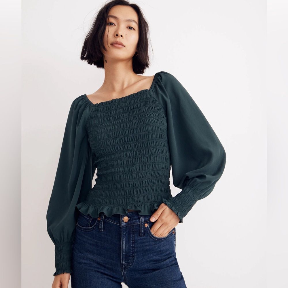 Madewell lucie bubble sleeve smocked long sleeve green